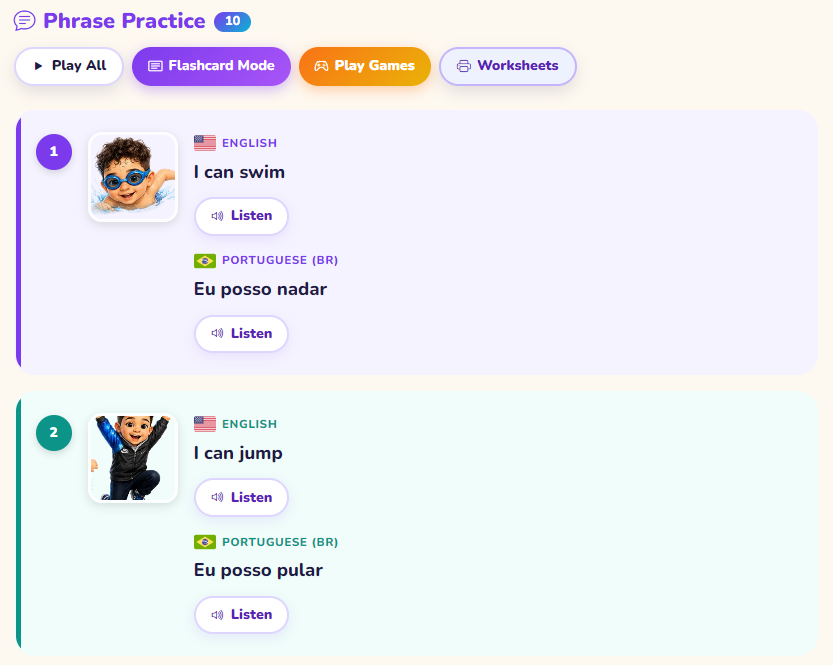 Language lesson with audio + vocabulary games