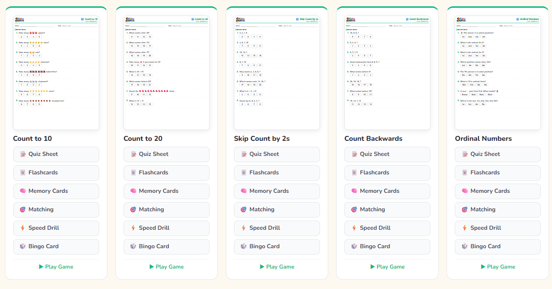 Worksheet generator — pick a topic, print in one click