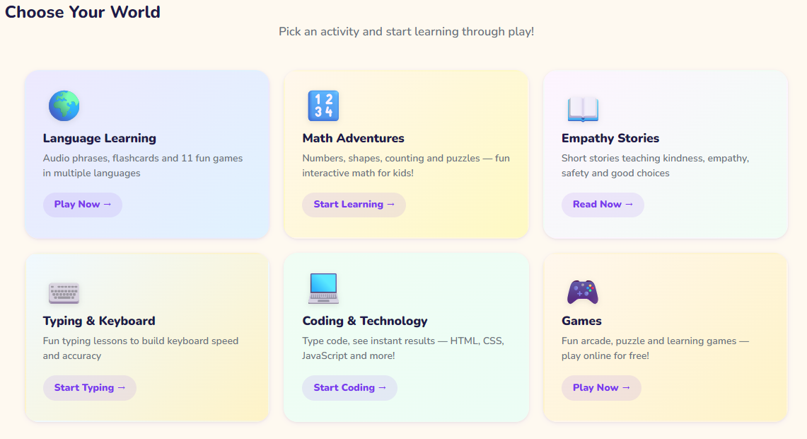 Lesson overview — language, math, typing, coding, stories